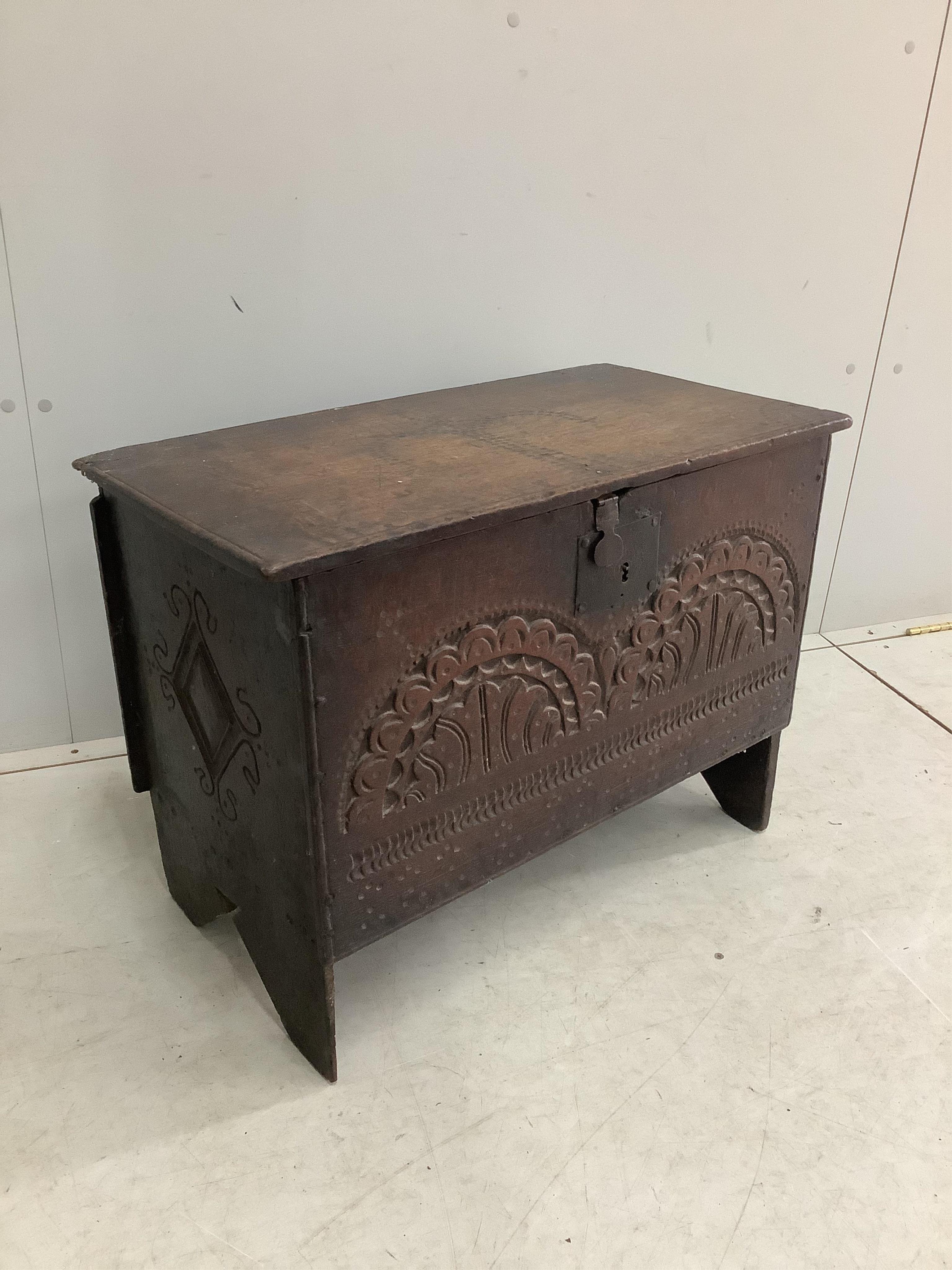 A small 17th / 18th century boarded oak coffer, width 70cm, depth 38cm, height 54cm. Condition - fair